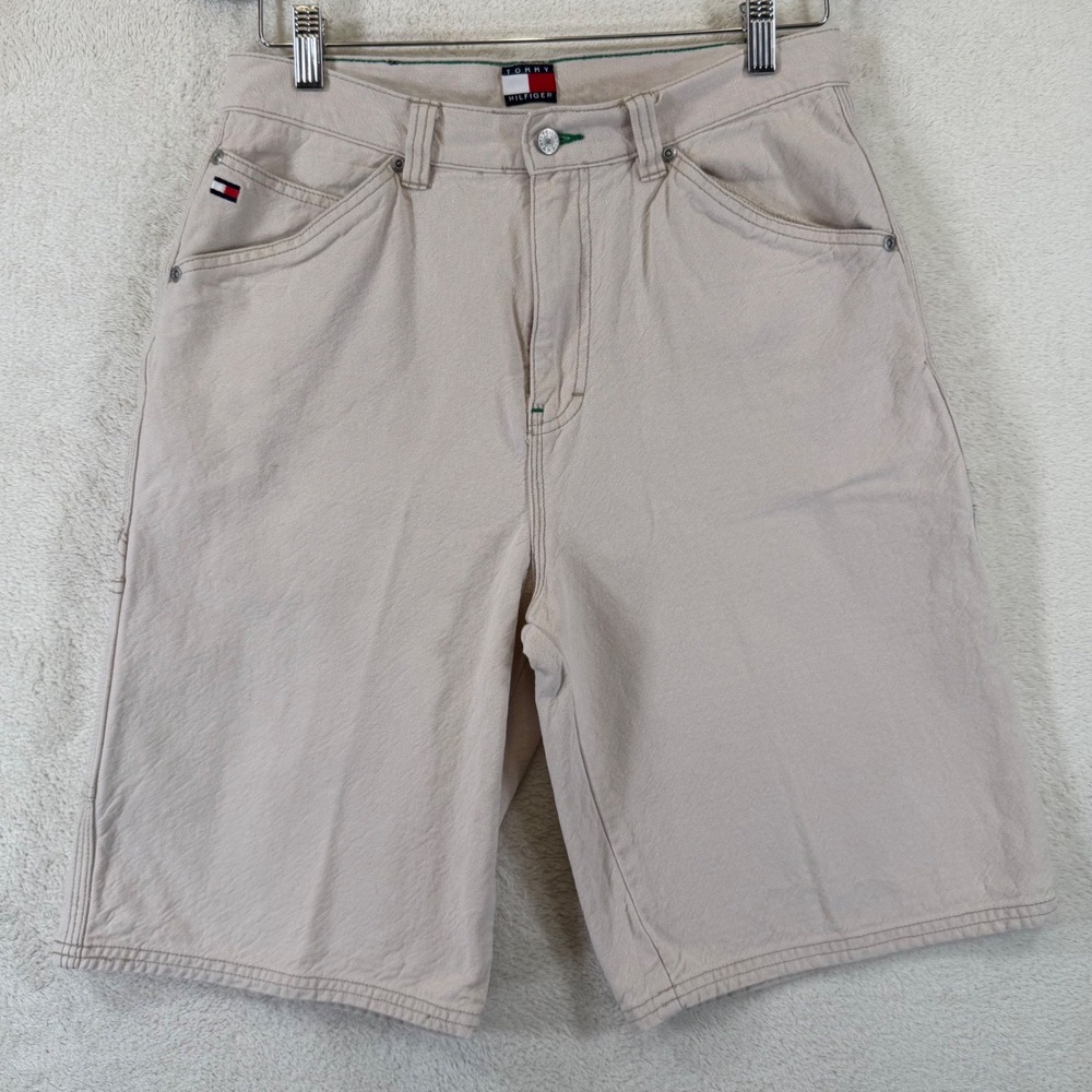 Vintage Y2K Tommy Hilfiger Youth 20, Mens 29 Carpenter Shorts Beige Cotton Denim
